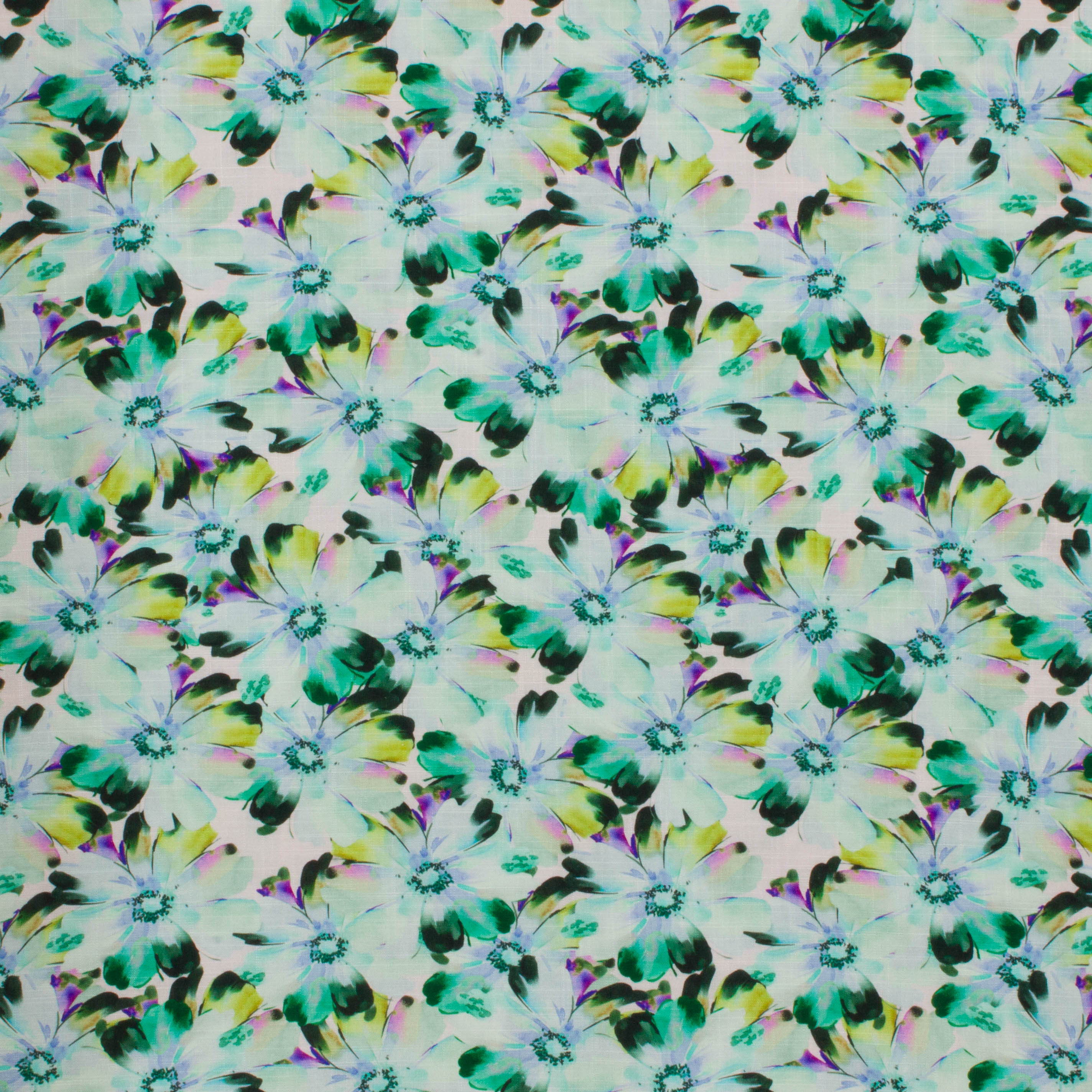Witte viscose linnen met munt, petrol, limoen en paarse bloemen